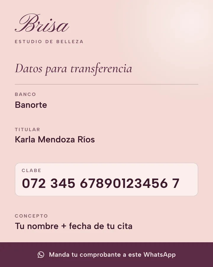 Tarjeta con datos para transferencia y la marca del negocio